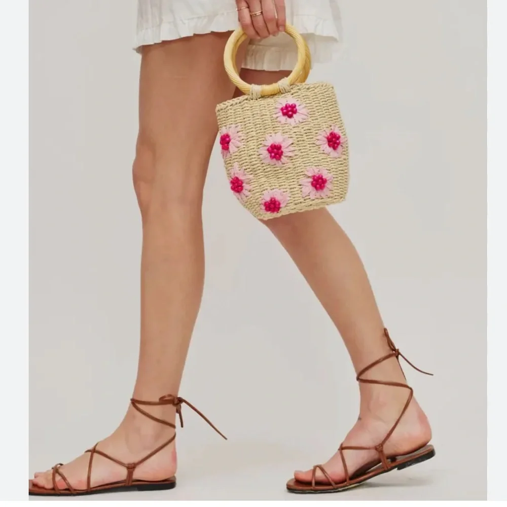 Urban Expressions Woven Straw Satchel with Pink Floral Accents